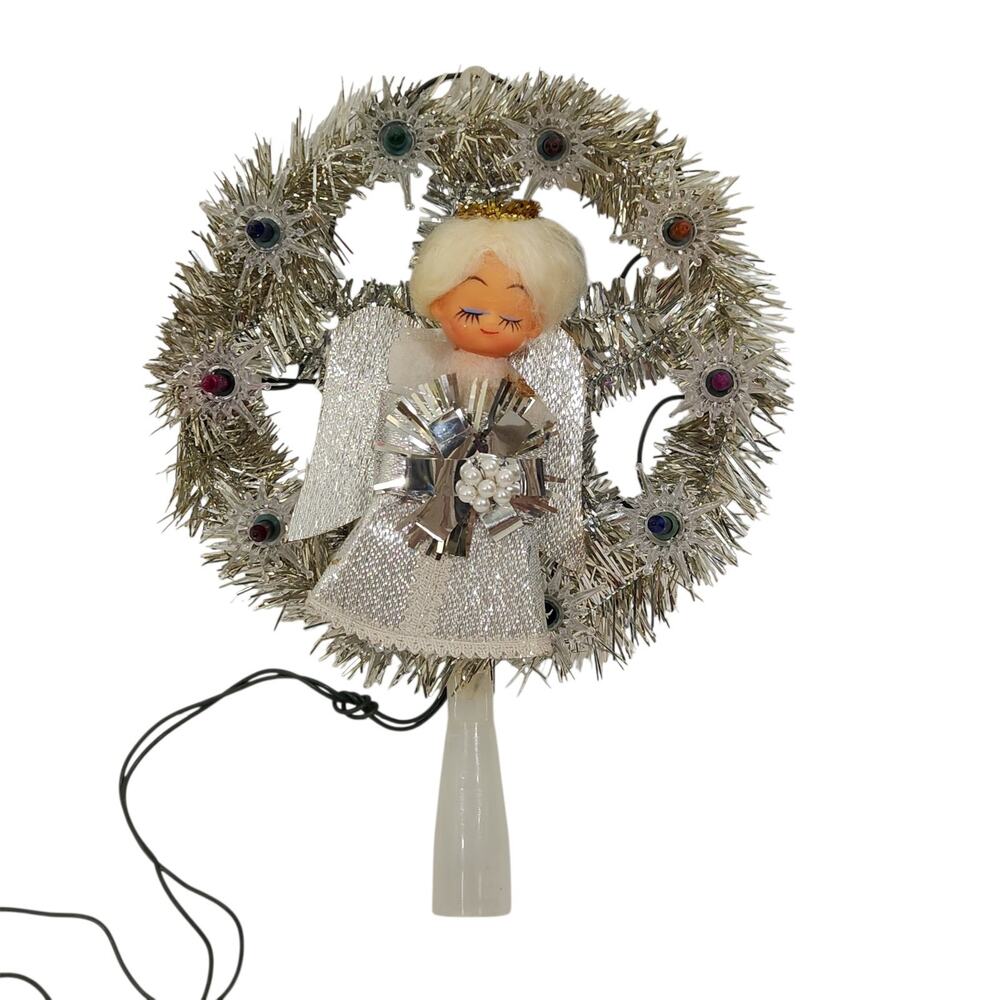 VTG SILVER ANGEL COTTAGE CHRISTMAS TREE TOPPER TINSEL GARLAND LIGHTS KITSCH